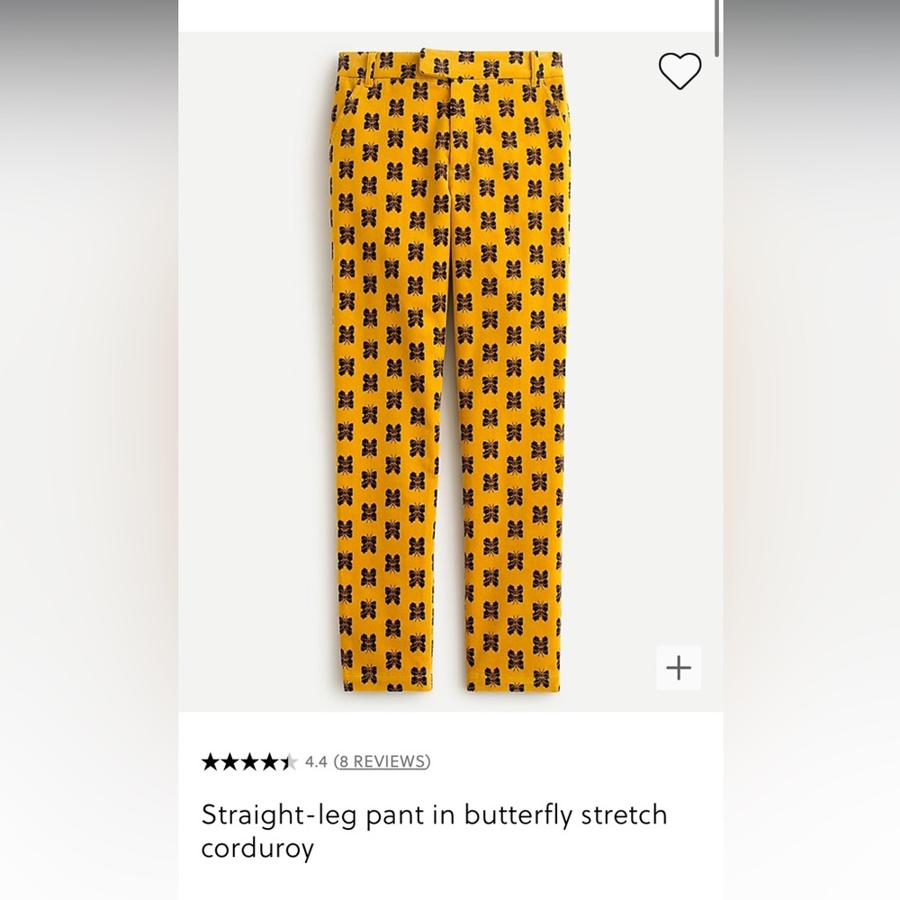 J Crew yellow corduroy ladies pants with navy and maroon moths.